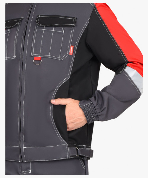 Костюм СИРИУС-ФАВОРИТ-МЕГА мужской летний, куртка и брюки, серый с красным и черным, СОП