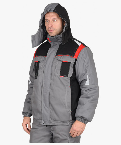 Костюм СИРИУС-СТАН куртка, п/к, серый с черной и красной отделкой