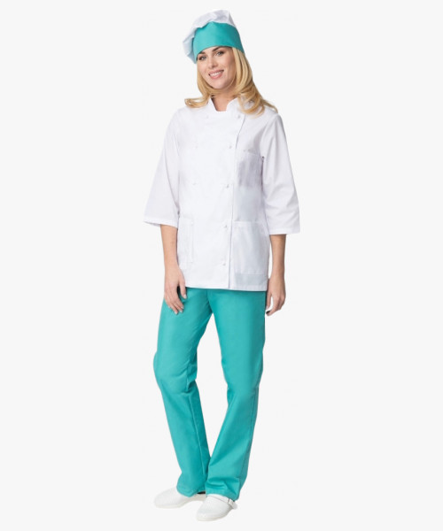 Костюм женский повара Шеф (тк.ТиСи), белый/бирюзовый