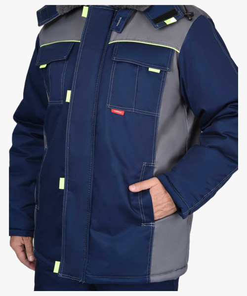 Куртка СИРИУС-ФАВОРИТ удлиненная, мех. воротник, т-синяя со ср.серым и лимонным кантом