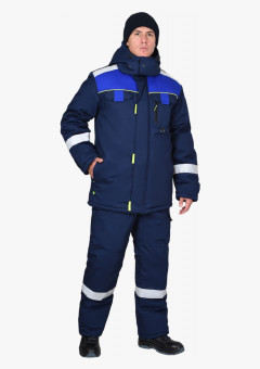 Костюм СИРИУС-БОСТОН-РОСС зимний, куртка длинная, п/к, синий с васильковым, чёрной отделкой и СОП