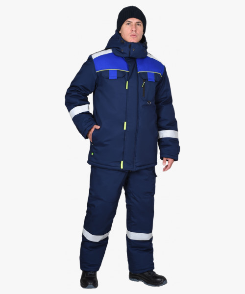Костюм СИРИУС-БОСТОН-РОСС зимний, куртка длинная, п/к, синий с васильковым, чёрной отделкой и СОП