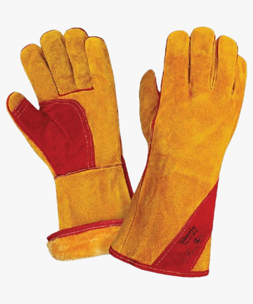 Краги спилковые утепленные (иск.мех) желтые с красным усилением нить Кевлар