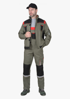 Костюм СИРИУС-СТАН куртка, п/к оливковый с черной и красной отделкой