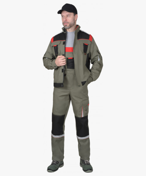 Костюм СИРИУС-СТАН куртка, п/к оливковый с черной и красной отделкой