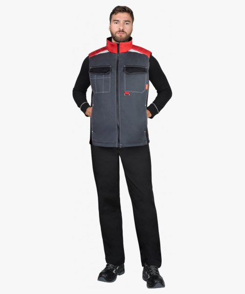 Жилет СИРИУС-ФАВОРИТ-МЕГА тёмно-серый с черным и красной отделкой