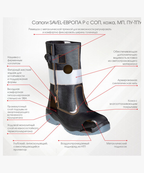 Сапоги SAVЁL-ЕВРОПА Р с СОП, кожа, МП, ПУ-ТПУ