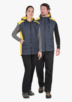 Жилет СИРИУС-УРБАН утеплённый с капюшоном сине-серый с желтым