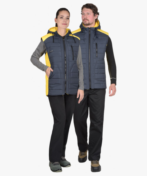 Жилет СИРИУС-УРБАН утеплённый с капюшоном сине-серый с желтым
