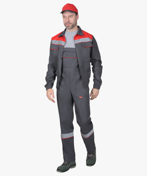 Костюм СИРИУС-МАСТЕР летний: куртка, полукомбинезон, темно-серый с красной отделкой