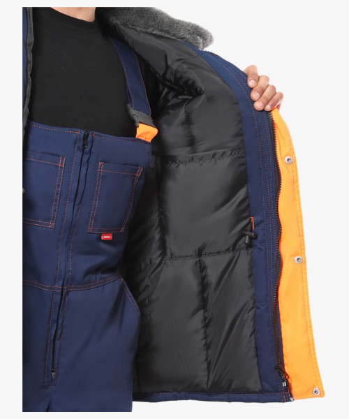 Костюм СИРИУС-ЛИДЕР-М куртка дл., п/к синий с оранжевым, мех. воротник, СОП