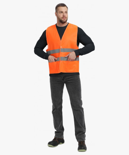 Жилет сигнальный ProfLineBase с пуговицами и карманами (тк.Полиэфир,100), оранжевый