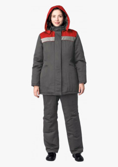 Костюм зимний женский Вьюга СОП (тк. Смесовая, 210 г/м2) брюки, тёмно-серый, красный