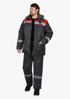 Костюм СИРИУС-БРИГАДИР куртка с меховым воротом, брюки, серый с красным и СОП