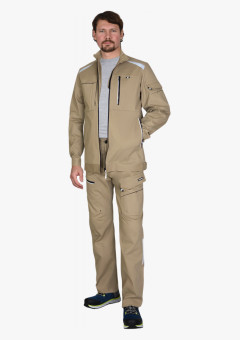 Костюм мужской летний СИРИУС-ДЕКСТЕР куртка, брюки, песочный с черной отделкой, тк. стрейч с ВО