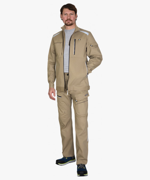 Костюм мужской летний СИРИУС-ДЕКСТЕР куртка, брюки, песочный с черной отделкой, тк. стрейч с ВО