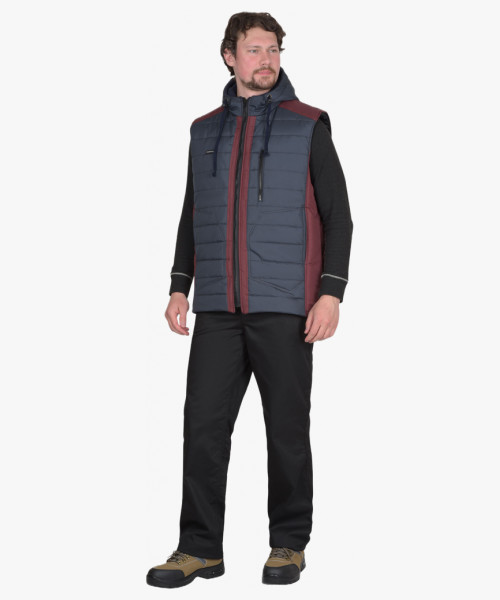 Жилет СИРИУС-УРБАН утеплённый с капюшоном сине-серый с бордовым