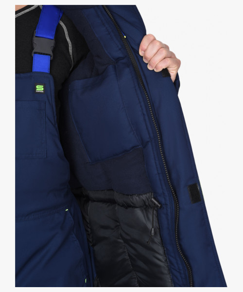 Костюм СИРИУС-БОСТОН-РОСС зимний, куртка длинная, п/к, синий с васильковым, чёрной отделкой и СОП