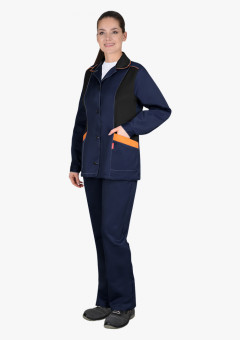 Костюм СИРИУС-ЗОЛУШКА женский, куртка, брюки, темно-синий с черным и оранжевой отделкой