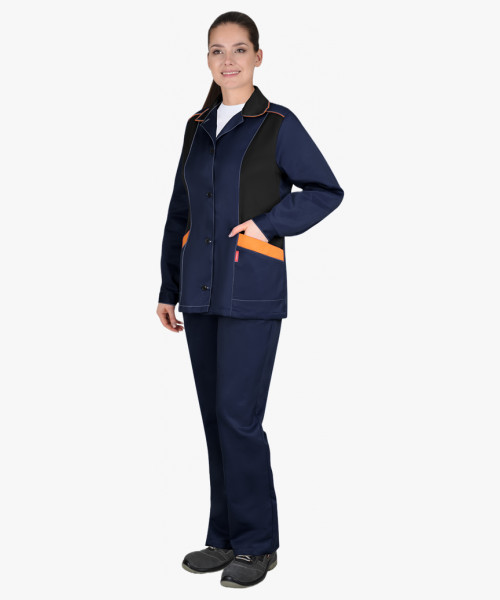Костюм СИРИУС-ЗОЛУШКА женский, куртка, брюки, темно-синий с черным и оранжевой отделкой
