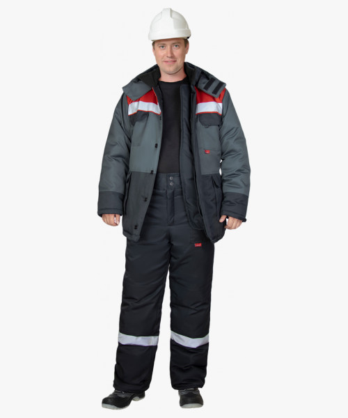Костюм СИРИУС-ПАРИТЕТ-РОСС зимний, куртка длинная, брюки, черный с темно-серым, красным и СОП