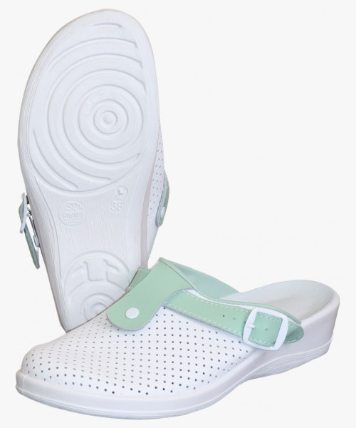 Туфли Сабо КОМФОРТ белые с зеленым нат.кожа