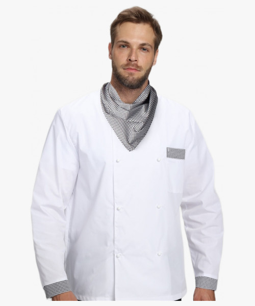 Костюм повара Шеф-2 (тк.ТиСи), белый/черный/принт-клетка