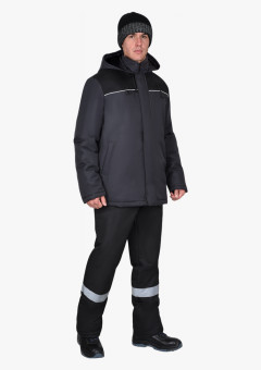 Куртка мужская зимняя СИРИУС-МАСТЕР-М, с флисовым воротником и капюшоном, тёмно-серая с чёрным и СВ кантом