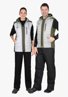 Жилет СИРИУС-УРБАН утеплённый с капюшоном жемчужный с оливковым