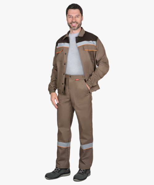 Костюм мужской летний СИРИУС-МАСТЕР куртка кор., брюки, кофейный с тёмно-коричневым и оранжевым кантом с СОП