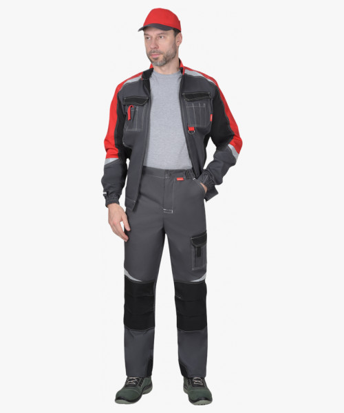 Костюм СИРИУС-ФАВОРИТ-МЕГА мужской летний, куртка и брюки, серый с красным и черным, СОП