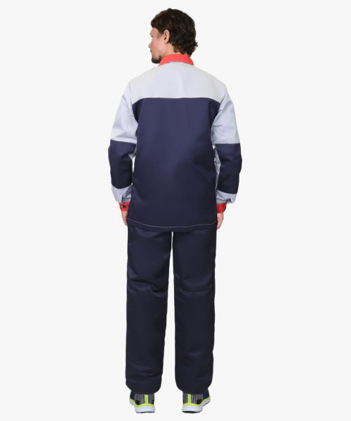 Костюм СИРИУС-АСПЕКТ куртка длинная, брюки, темно-синий со светло-серым с красной отделкой