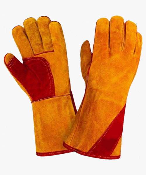 Краги спилковые утепленные (иск.мех) желтые с красным усилением нить Кевлар