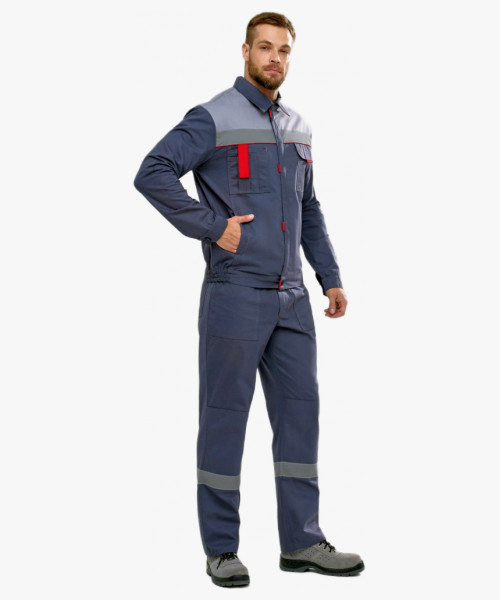 Костюм Флофт-1 СОП (тк.Саржа,250) брюки, т.серый/св.серый/красный