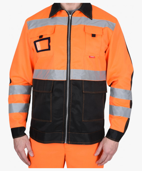 Костюм мужской летний СИРИУС-МАГИСТРАЛЬ-ЛЮКС куртка кор. с бейджем, брюки, оранжевый с чёрным и СОП