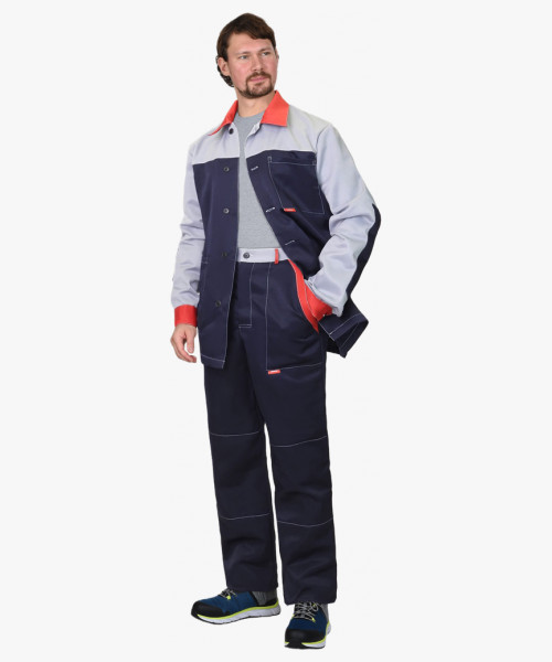 Костюм СИРИУС-АСПЕКТ куртка длинная, брюки, темно-синий со светло-серым с красной отделкой