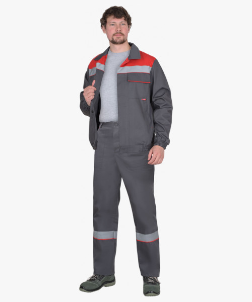 Костюм СИРИУС-МАСТЕР летний, куртка, брюки, тёмно-серый с красной отделкой