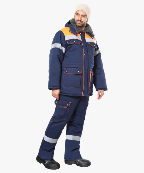 Костюм СИРИУС-ЛИДЕР-М куртка дл., п/к синий с оранжевым, мех. воротник, СОП