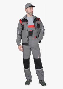 Костюм СИРИУС-СТАН куртка, п/к ср.серый с черной и красной отделкой
