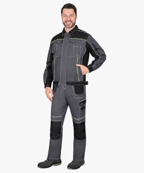 Костюм СИРИУС-ПРЕСТИЖ-Л куртка, п/к, темно-серый с черным и лимонным кантом