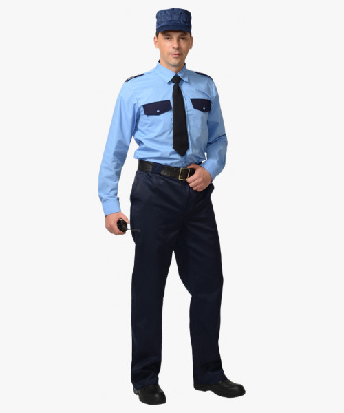 Рубашка Охранника, длинный рукав,  голубая с темно-синим