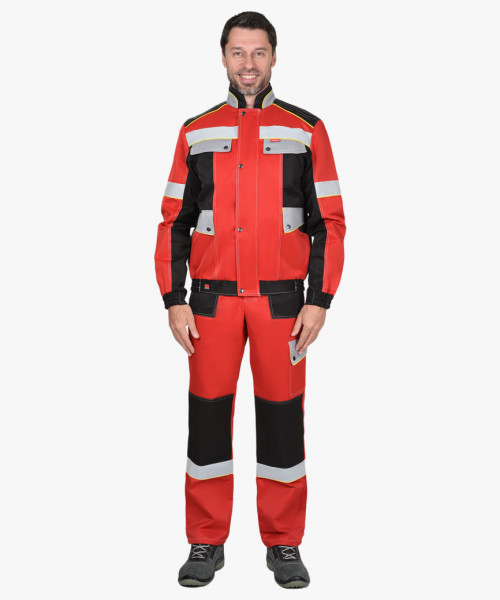 Костюм СИРИУС-ПОЛИНОМ муж., курт.кор. п/к, черный с красным и св.серым СОП 50мм