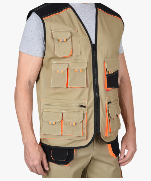 Костюм СИРИУС-МАНХЕТТЕН брюки, жилет песочный с оранж. и черным тк. мех. стрейч пл. 250г/кв.м