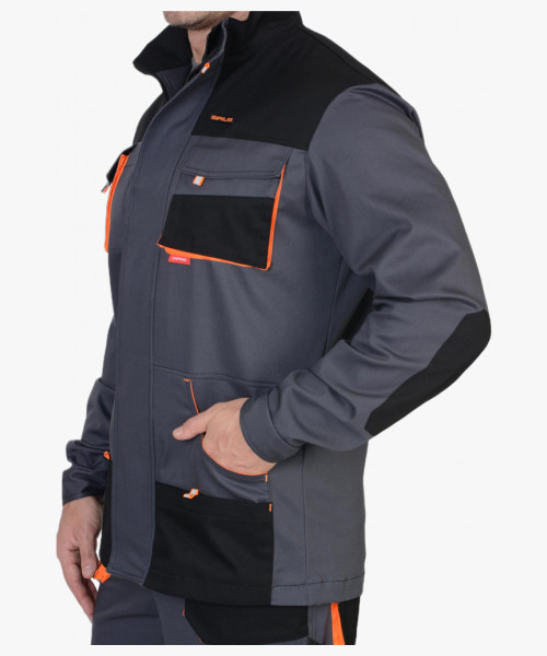 Костюм СИРИУС-МАНХЕТТЕН куртка дл., брюки т.серый с оранж. и черным тк. стрейч пл. 250 г/кв.м