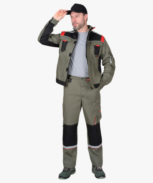 Костюм СИРИУС-СТАН куртка, брюки оливковый с черной и красной отделкой