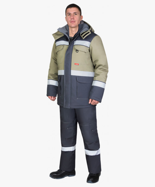 Костюм СИРИУС-ПАРИТЕТ зимний, куртка дл., брюки, тёмно-серый со светло-оливковым и СОП