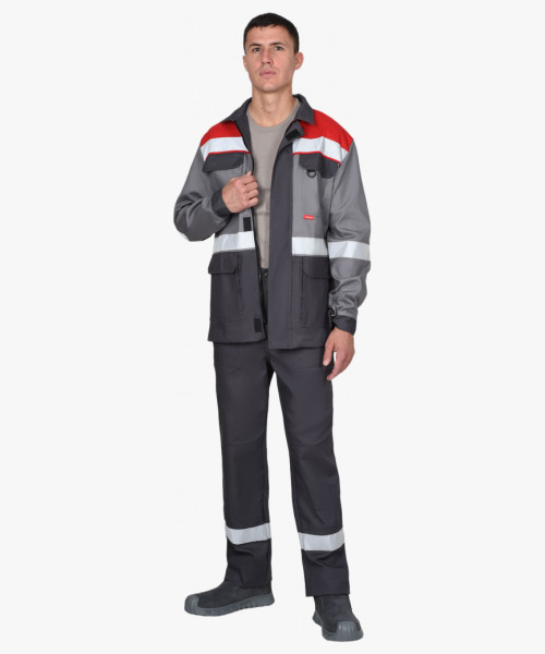 Костюм СИРИУС-ПАРИТЕТ куртка удлиненная, брюки, темно-серый со средне-серым, красным и СОП