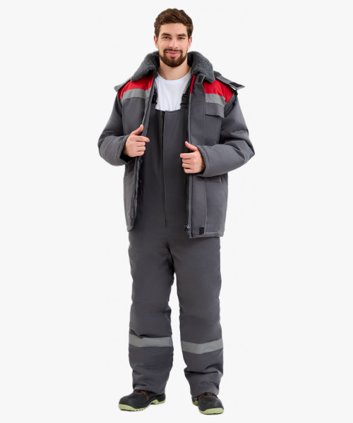 Костюм мужской зимний Квайл-2 СОП  (тк.Смесовая,210) полукомбинезон, т.серый/красный