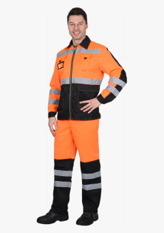 Костюм мужской летний СИРИУС-МАГИСТРАЛЬ-ЛЮКС куртка кор. с бейджем, брюки, оранжевый с чёрным и СОП
