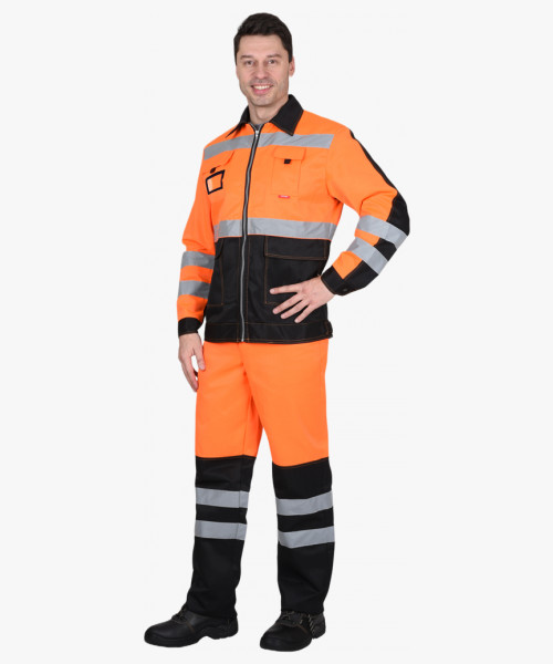 Костюм мужской летний СИРИУС-МАГИСТРАЛЬ-ЛЮКС куртка кор. с бейджем, брюки, оранжевый с чёрным и СОП